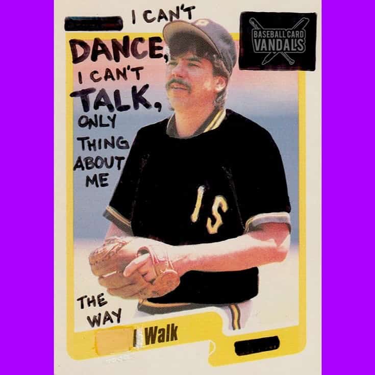Baseball card featuring Genesis song lyrics I Can't Dance written over a player's black jersey.