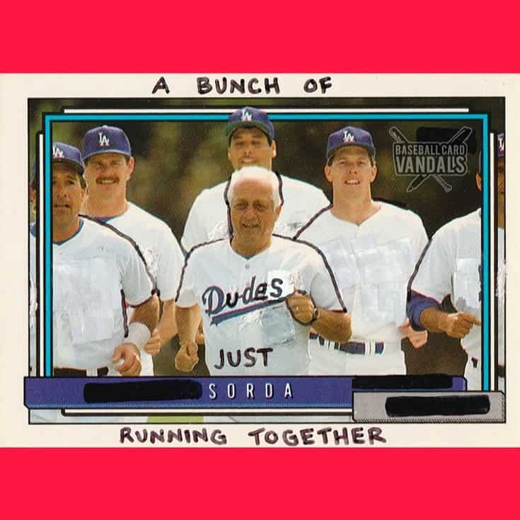 Modified Dodgers team card featuring Tommy Lasorda with the humorous wordplay A Bunch of Dudes.