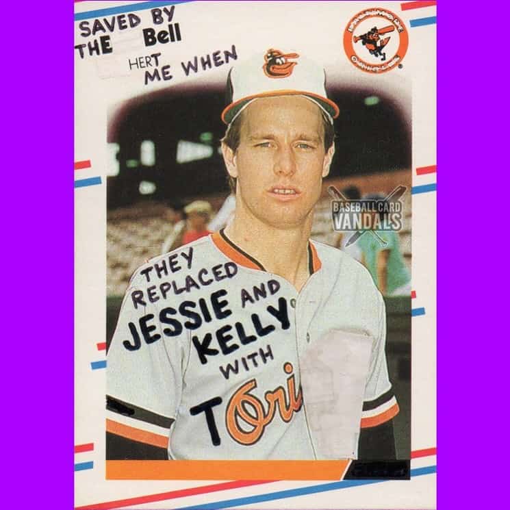 Saved by the Bell themed baseball card vandalized with Tori Scott replacement show references.
