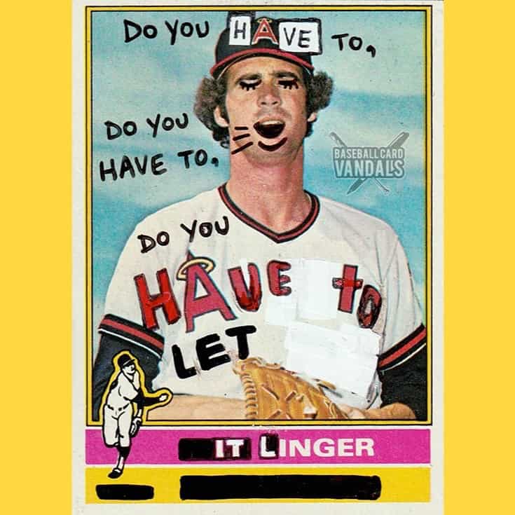 Baseball card featuring The Cranberries lyrics Linger written across the player's jersey and background.