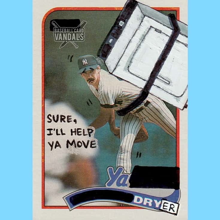 Yankees card edited to show a pitcher carrying a large dryer with moving day text.