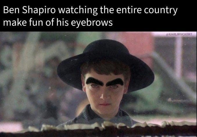 Ben Shapiro's eyebrows parody using a classic horror movie template of a child peering through a window; the child has been edited to have Ben’s signature thick black eyebrows with a caption about him watching the country roast his new look
