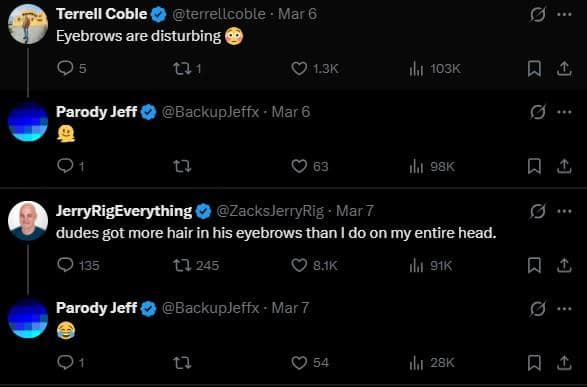 Twitter thread capturing the viral reaction to Ben Shapiro's eyebrows, featuring tech influencer JerryRigEverything joking that the commentator has more hair in his eyebrows than Jerry has on his entire head.