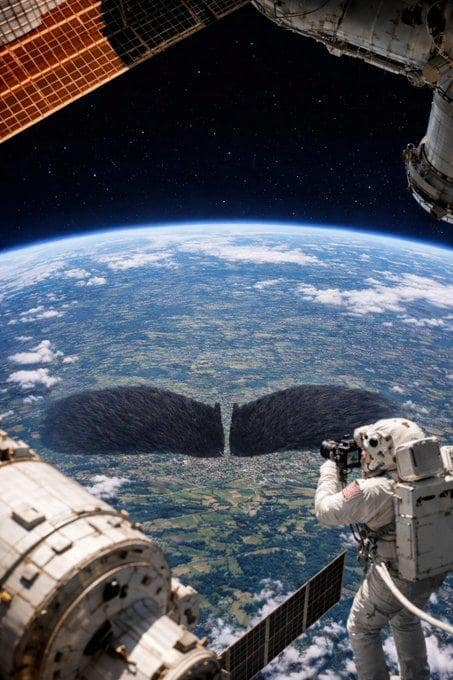 An "out of this world" Ben Shapiro eyebrows meme showing an astronaut taking a photo of Earth from space, where the eyebrows are so massive they have been edited onto the planet's surface like a giant geographical landmark visible from the ISS.