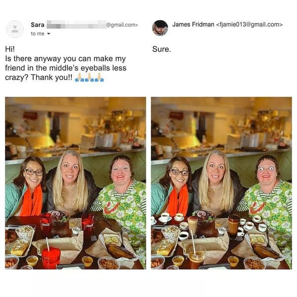 James Fridman photoshop request. The original shows a guy leaning casually on a small chair. The request is to "make me look like a king." The minimalist edit places a tiny, cheap, plastic birthday party crown on his head.
