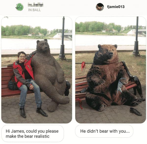A dark best of James Fridman photoshop edit where a boy's request to make a statue bear "realistic" results in a terrifying image of a real grizzly bear sitting on the bench holding the boy's shredded, bloody jacket sleeve.