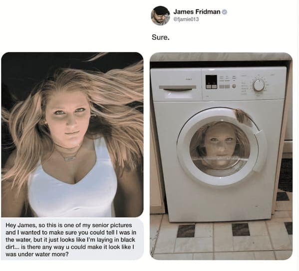 funny best of James Fridman photoshop fail where a senior picture of a girl laying down asks to look more "under water," resulting in her face being trapped inside the glass door of a front-loading washing machine.