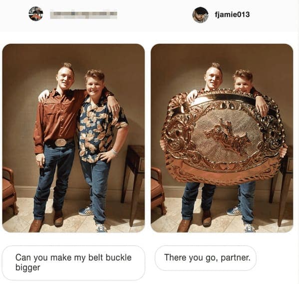 Best of James Fridman trolling edit where a country boy asks to make his belt buckle bigger, and James delivers a comically massive, shield-sized championship rodeo buckle that covers both him and his friend.