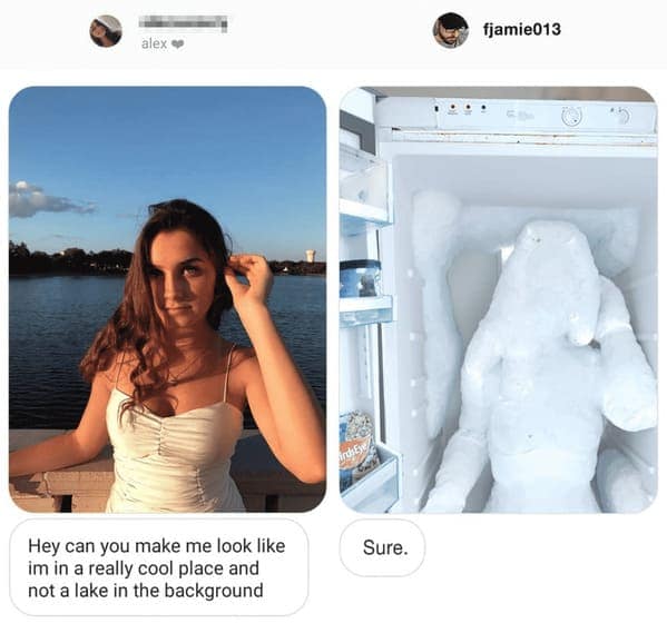 James Fridman photoshop pun where a girl asks to be put in a "really cool place" instead of a lake, resulting in her being turned into a solid ice sculpture sitting inside a literal kitchen refrigerator.