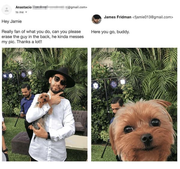 A clever best of James Fridman photoshop trick where a guy holding a Yorkshire Terrier asks to erase a photobomber in the background, so James simply scales the tiny dog's face up to massive proportions to block the guy out entirely.