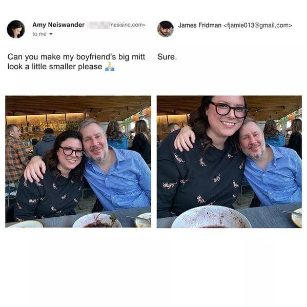 best of James Fridman photoshop request. The original shows a woman standing in a garden. The request is to "put something terrifying on the ground next to me." The anticlimactic result places a small, clearly non-threatening rubber toy snake on the dirt.