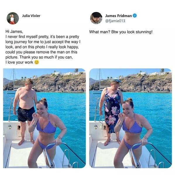 A side-by-side comparison of a James Fridman photoshop request. The original shows a man standing in a large puddle of water. The request is to "get rid of the water and put me in a cool place." The literal pun result removes the water and places him inside a giant industrial walk-in freezer.