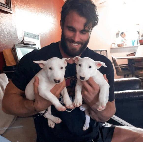 Tall bearded man smiling while holding two tiny white bull terrier puppies