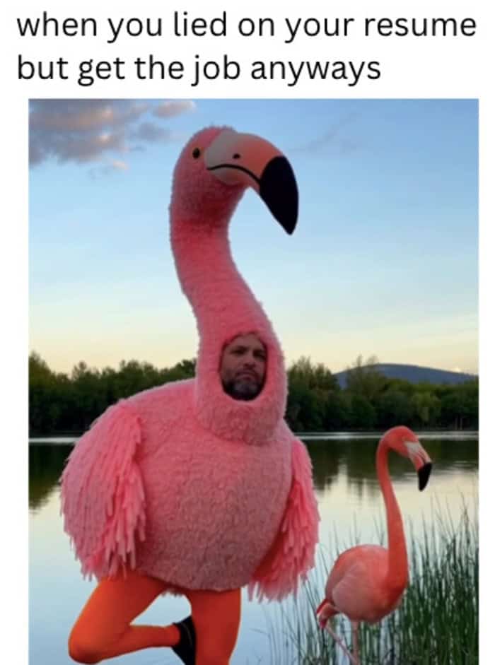 A man wearing a giant pink flamingo costume standing by a lake next to a real flamingo.