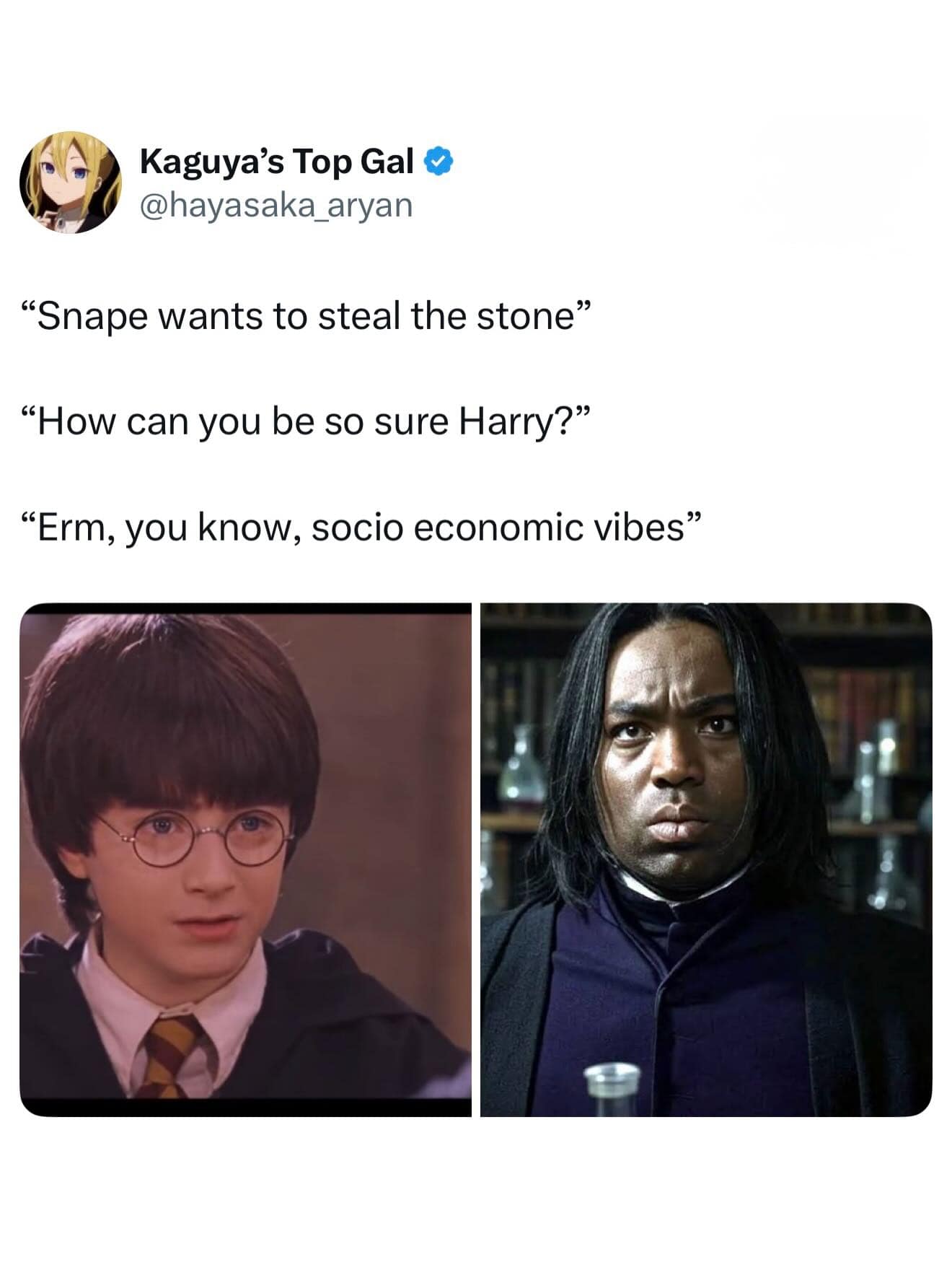 A black snape meme featuring a mock conversation between Harry and Dumbledore. When asked how he knows Snape wants to steal the Sorcerer's Stone, Harry replies, "Erm, you know, socio economic vibes," playing on modern sociological discourse regarding the new casting.
