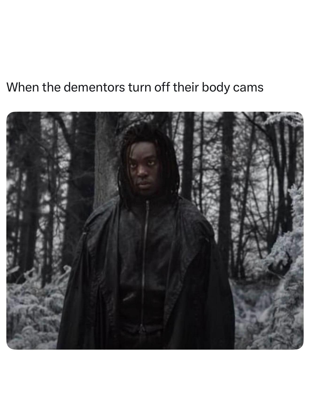 dark humor new snape meme using an image of the actor as Snape standing in the woods. The caption reads, "When the dementors turn off their body cams," drawing a satirical parallel between the wizarding world's guards and real-world police controversy.