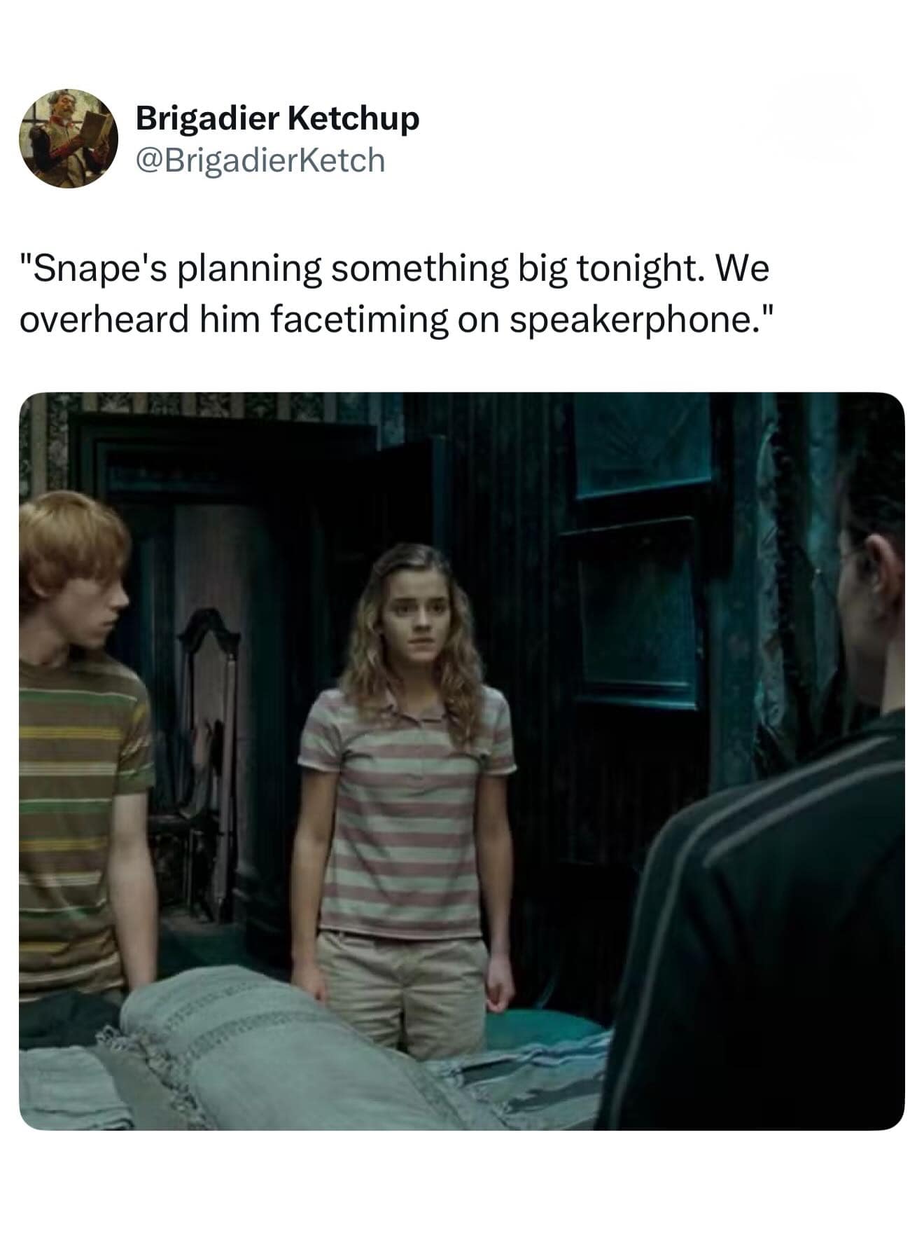 A black snape meme featuring Ron, Hermione, and Harry looking concerned in a dark room. The caption jokes about a lack of discretion: "Snape's planning something big tonight. We overheard him facetiming on speakerphone."