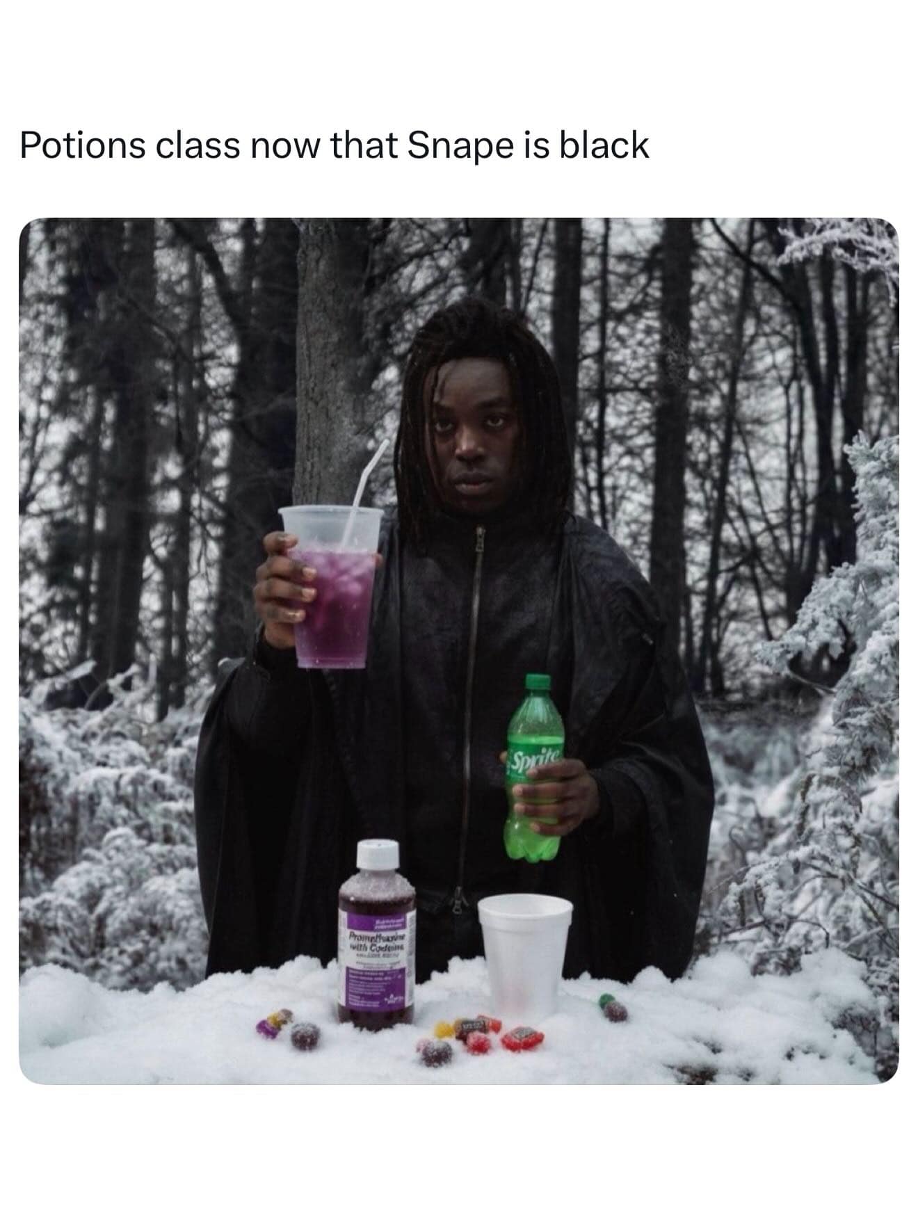 A provocative black snape meme titled "Potions class now that Snape is black." It shows the actor behind a table covered in snow, holding a bottle of Sprite and a cup of purple "lean," with bottles of Promethazine and Jolly Ranchers nearby.