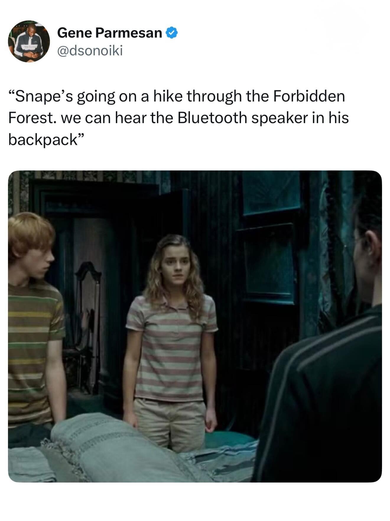 Another entry in the new snape meme series featuring the trio listening through a door. The caption claims they can hear "the Bluetooth speaker in his backpack" as Snape goes for a hike through the Forbidden Forest.