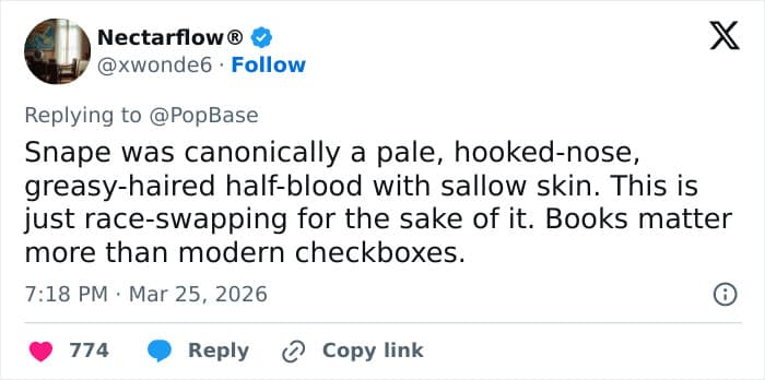 screenshot of a critical new snape meme post from Nectarflow® on X (formerly Twitter). The text argues that Snape was "canonically a pale, hooked-nose, greasy-haired half-blood" and dismisses the casting as "race-swapping for the sake of it," claiming that "books matter more than modern checkboxes".