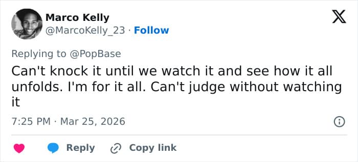 A neutral new snape meme sentiment shared by Marco Kelly on X. The tweet advocates for a "wait and see" approach, stating, "Can't knock it until we watch it and see how it all unfolds. I'm for it all".