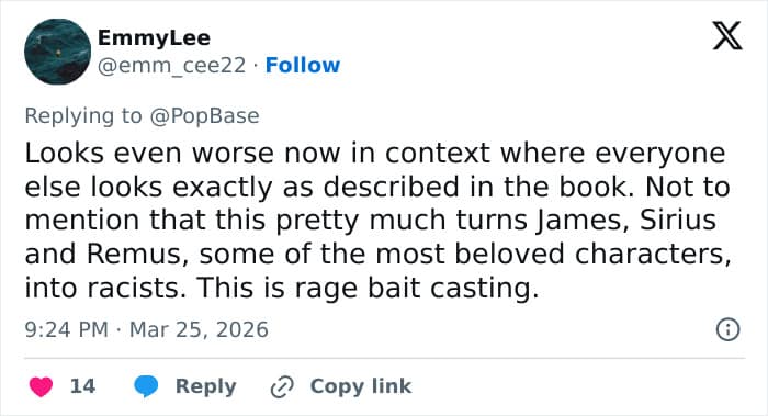 A heavy-handed new snape meme criticism from EmmyLee on X. The post claims the casting turns beloved characters like James, Sirius, and Remus into "racists" because of their canonical bullying of Snape, labeling the decision as "rage bait casting".