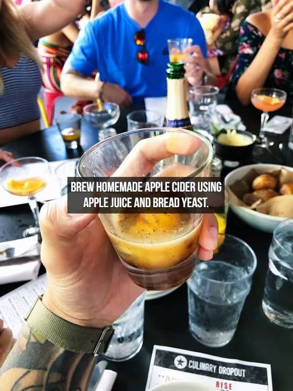 Person holding a cider glass with text about brewing homemade cider using juice and yeast.