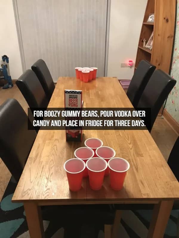 Beer pong table setup with text explaining how to make boozy vodka gummy bear snacks.