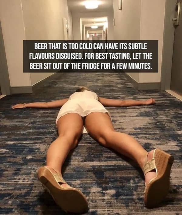 Woman lying face down in a hotel hallway with text about letting cold beer sit.