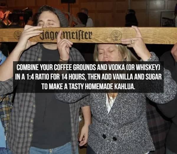 Two people doing a shotski with text describing a homemade Kahlua recipe using coffee grounds.