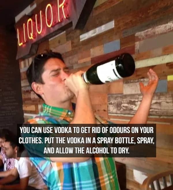 Man drinking from a large bottle with text about using vodka to remove clothing odors.