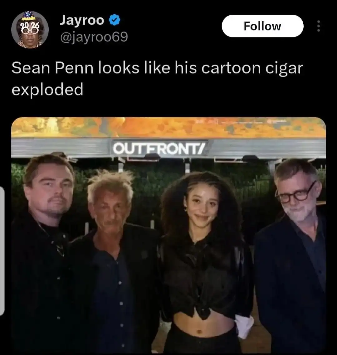 Meme featuring Sean Penn looking disheveled alongside Leonardo DiCaprio with a cartoon explosion comparison.