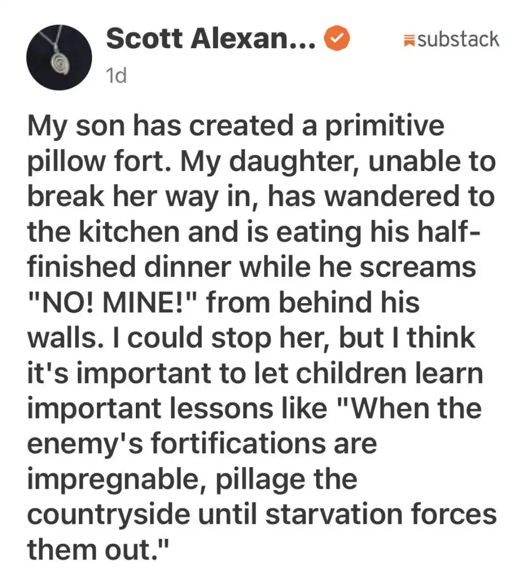 Parenting anecdote about a daughter pillaging a son's dinner while he hides in a fort.