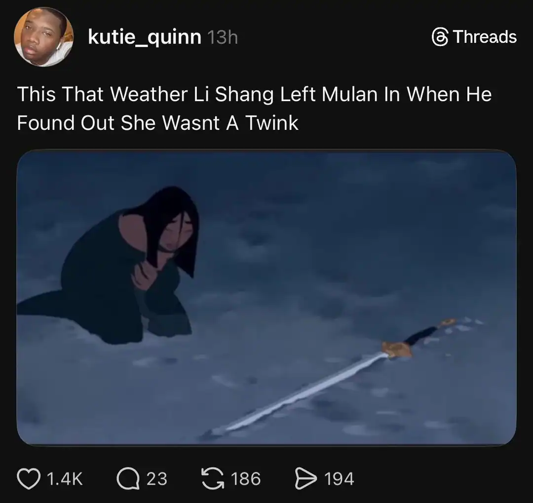 Mulan screen grab with a joke about Li Shang leaving her in the cold snow.