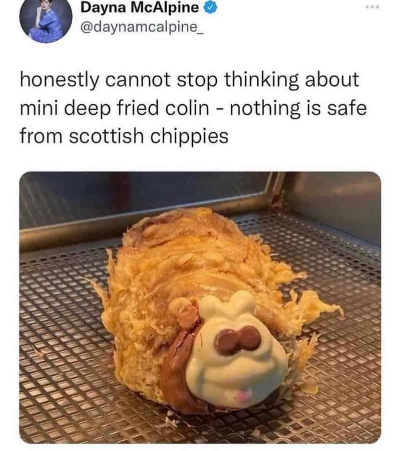 A peak Scottish british meme from Dayna McAlpine (@daynamcalpine_) featuring a "mini deep fried colin". The image shows a classic Colin the Caterpillar cake that has been heavily battered and deep-fried by a chippie, accompanied by the warning that "nothing is safe from scottish chippies".