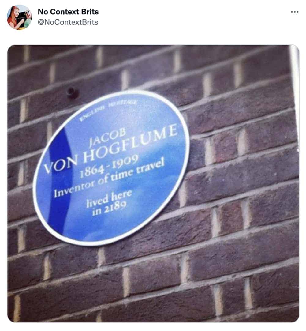 Fake English Heritage blue plaque honours fictional time travel inventor living in 2189