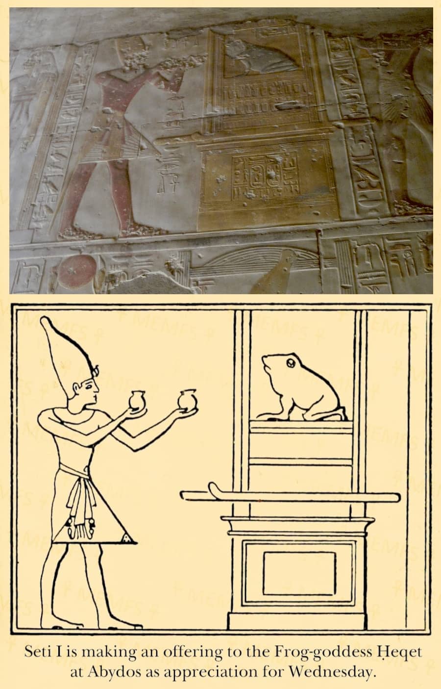 Ancient Egyptian relief of Pharaoh Seti I offering vases to a frog goddess with modern captioning.