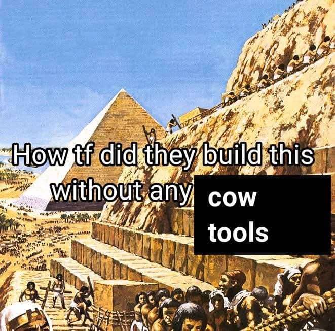 An image of ancient Egyptians building pyramids with a humorous "cow tools" meme text overlay.