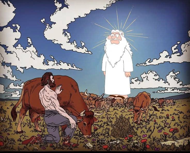 A digital illustration showing Peter Griffin as a divine figure standing before an ancient cattle herder.