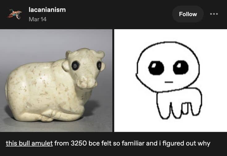 A side-by-side comparison of a bull amulet from 3250 BCE and the modern "Autism Creature" meme.
