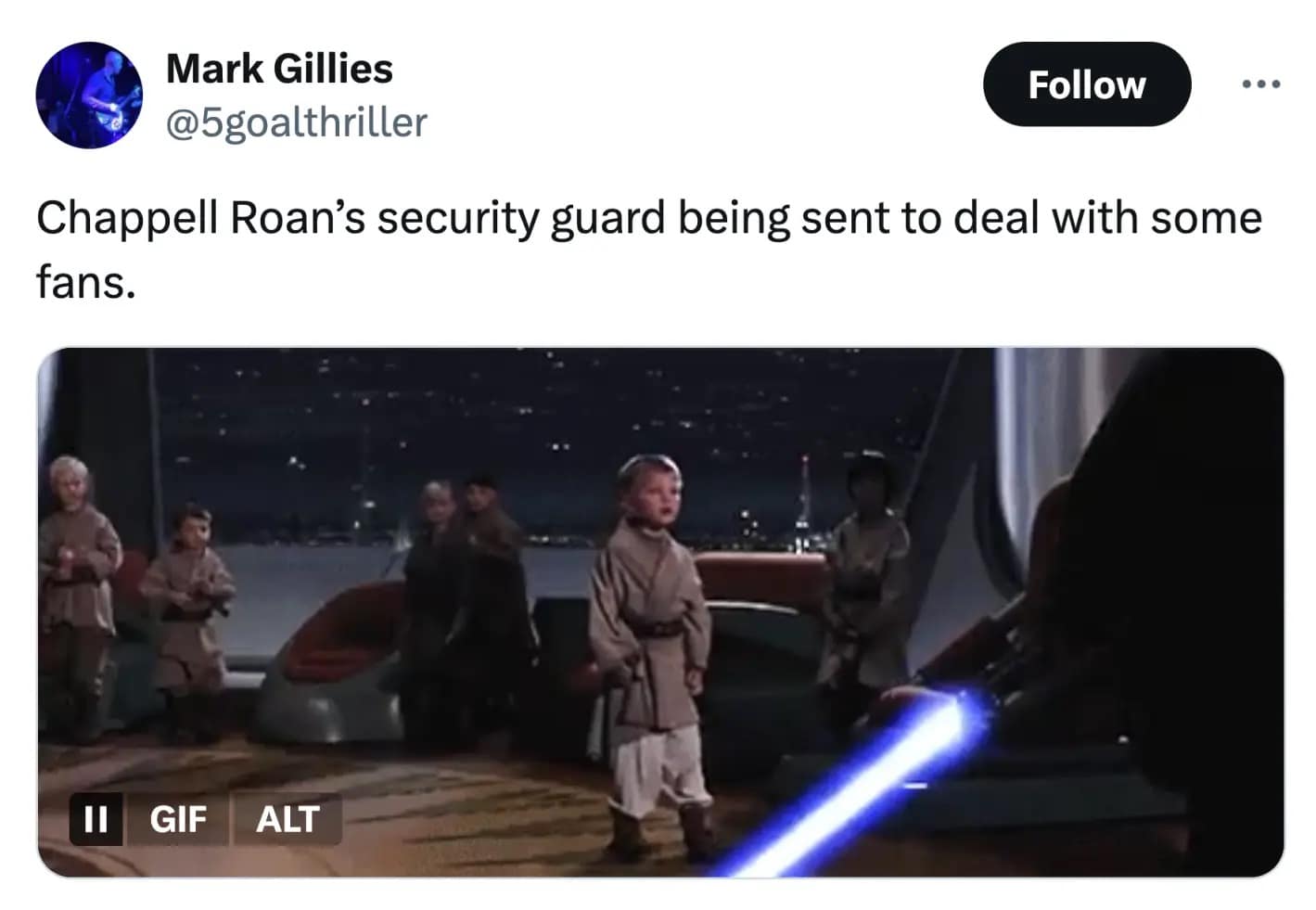 A dark humor Chappell Roan meme on X. The caption reads, "Chappell Roan’s security guard being sent to deal with some fans," paired with the infamous Star Wars scene where Anakin Skywalker ignites his lightsaber in front of a group of frightened Jedi younglings.
