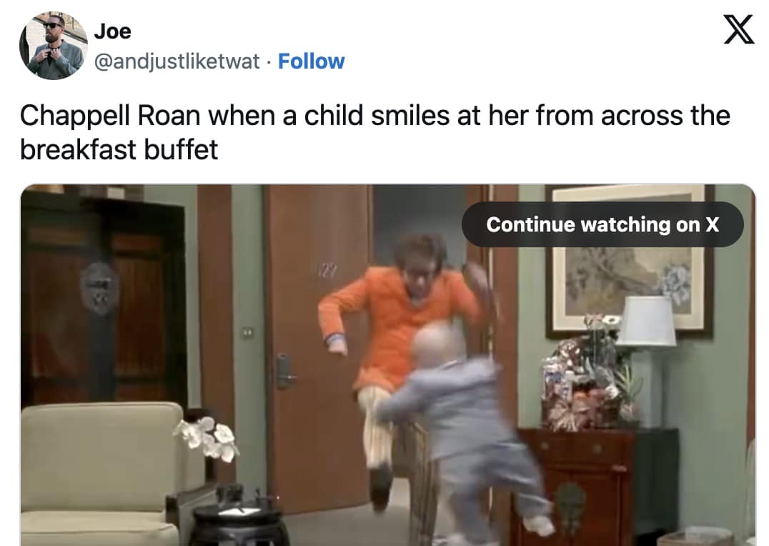 A hilarious Chappell Roan meme mocking the alleged breakfast encounter. The caption, "Chappell Roan when a child smiles at her from across the breakfast buffet," sits above a still from Austin Powers where Austin is flying through the air to tackle Mini-Me.