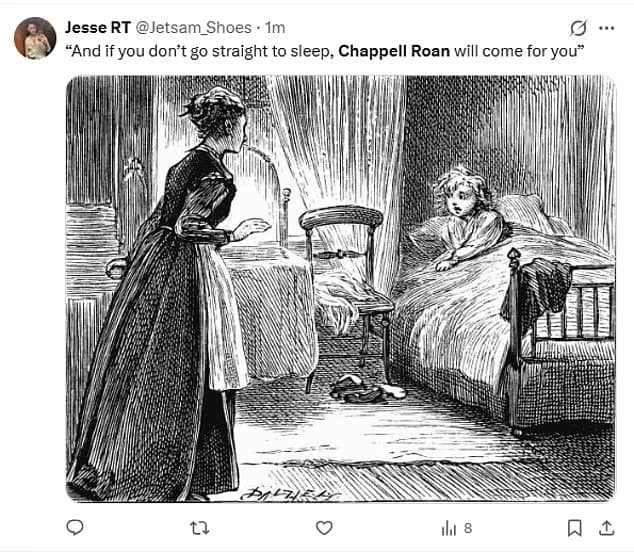 dark humor Chappell Roan meme using a vintage, gothic woodcut illustration. It shows a mother pointing at a terrified child in bed, with the X caption: "And if you don't go straight to sleep, Chappell Roan will come for you," turning the singer into a bedtime boogeyman.