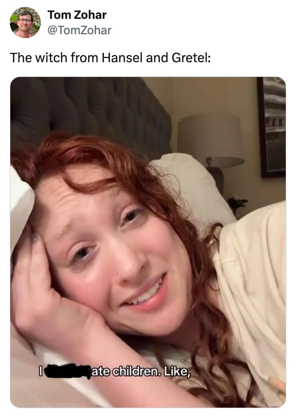 satirical Chappell Roan meme where a screen grab of her bed response video is edited to look like a villain confession. The caption reads "The witch from Hansel and Gretel:" above the edited subtitle: "I [blacked out] ate children. Like,".