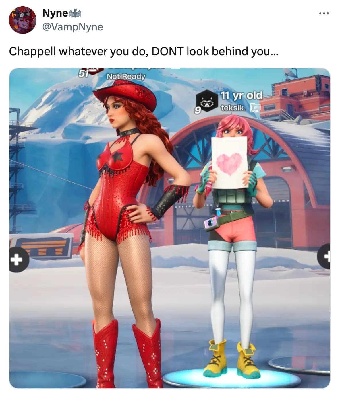 A Chappell Roan meme featuring a mockup of the singer as a Fortnite character in a red cowgirl outfit. Standing directly behind her is a character labeled "11 yr old" holding a heart sign, paired with the warning: "Chappell whatever you do, DONT look behind you...".