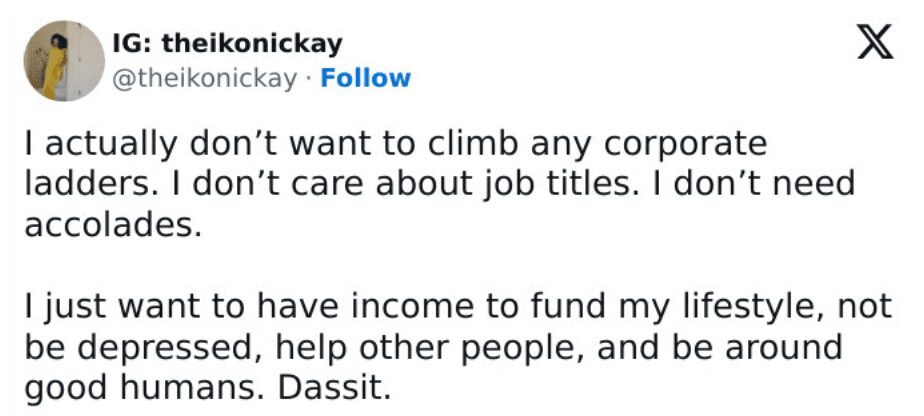 Cheerful nihilism tweet about rejecting corporate ladders to focus on simple happiness and good humans.