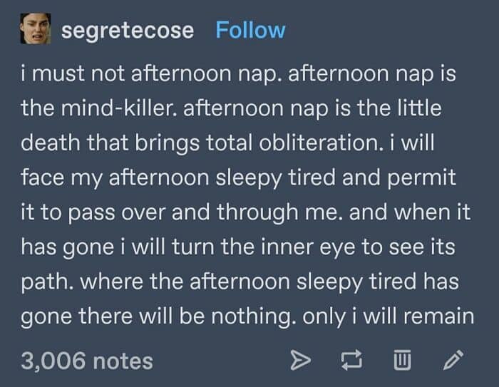 Parody of Dune's Litany Against Fear applied to the struggle of resisting an afternoon nap.