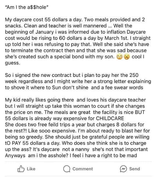 Entitled social media post from a parent complaining about a five dollar daycare price increase.