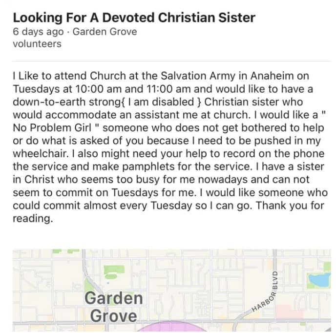 Volunteer request seeking a devoted sister to perform manual labor and church assistance for free.