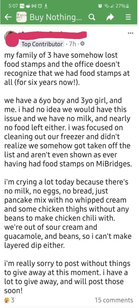 Choosing beggar post asking for free food while listing specific missing luxury condiments like guacamole.